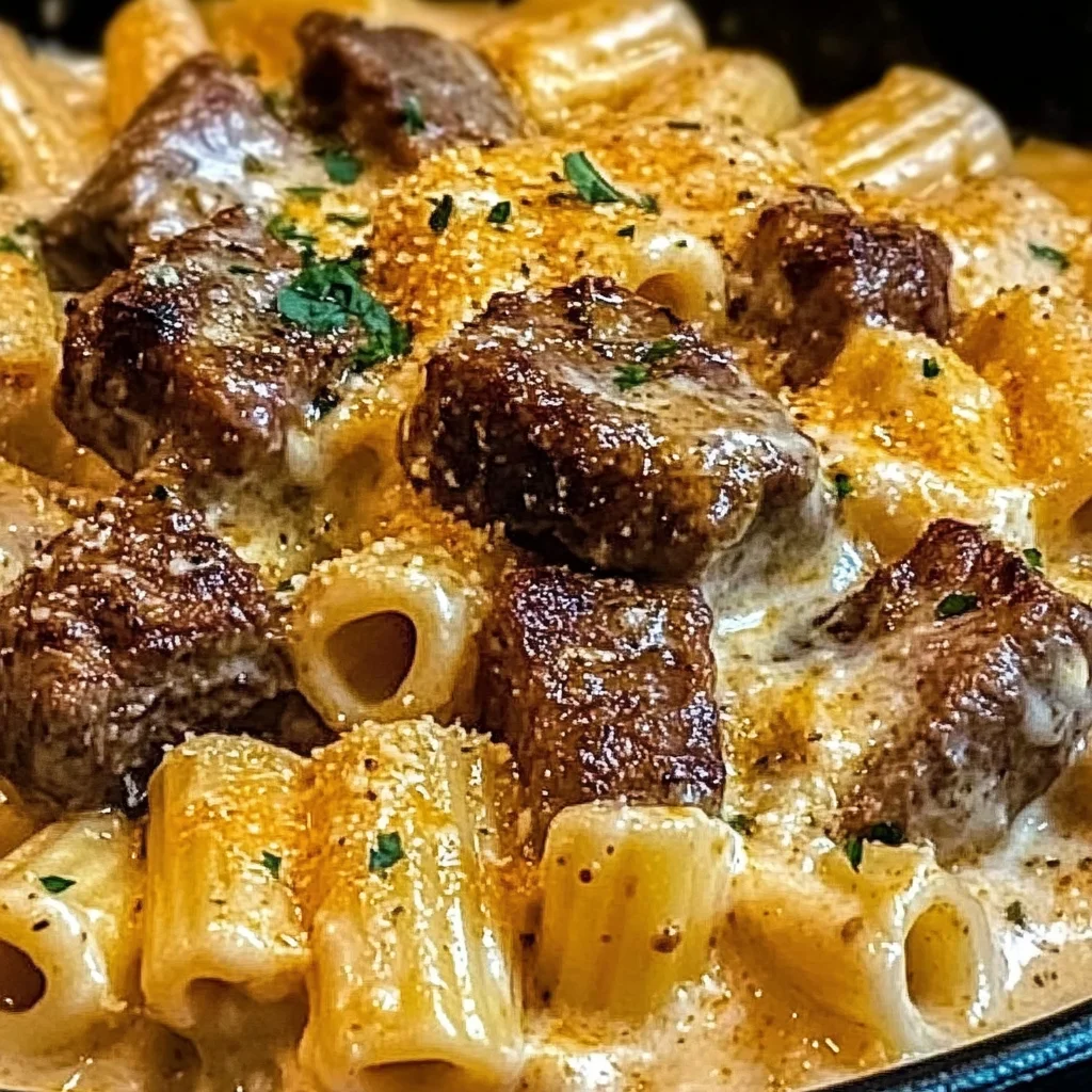 Cajun Steak Tips in Cheesy Rigatoni Parmesan Sauce