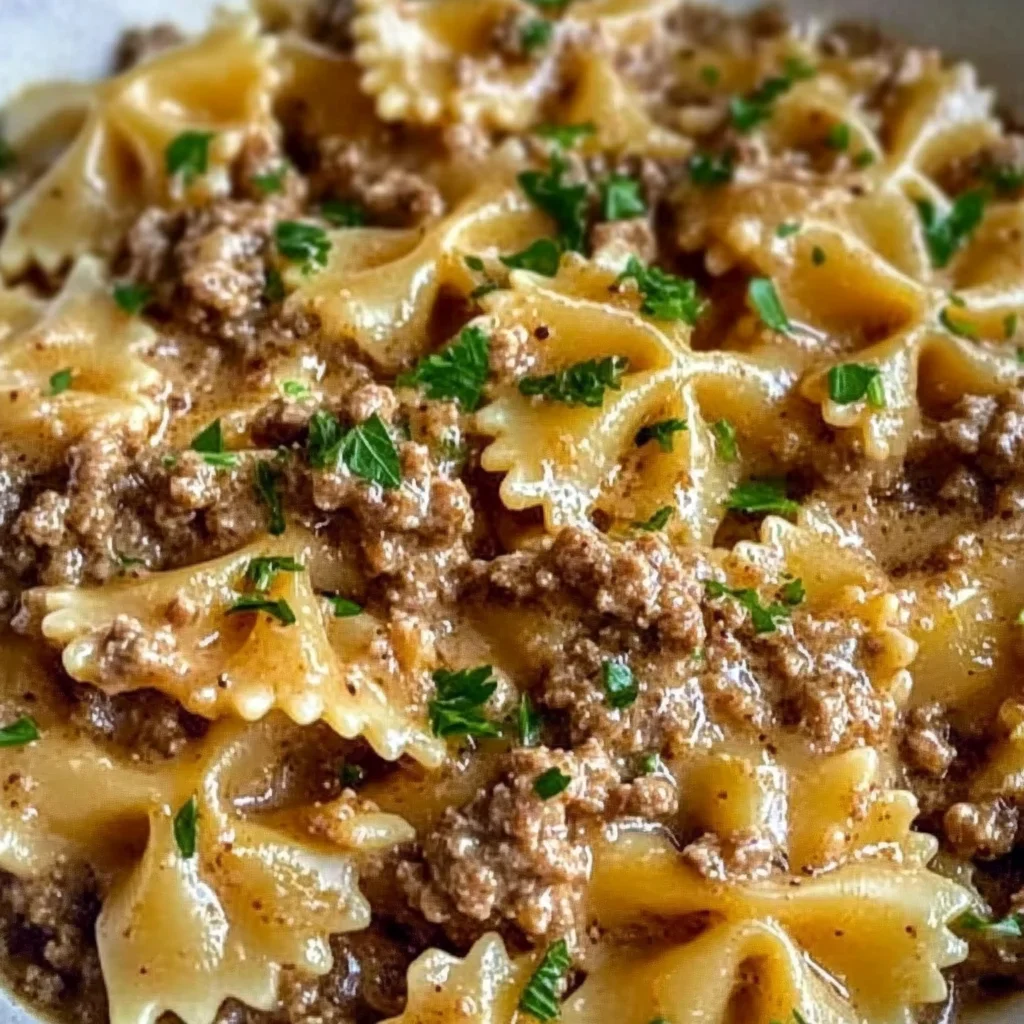 Creamy Parmesan Garlic Beef Bowtie Pasta