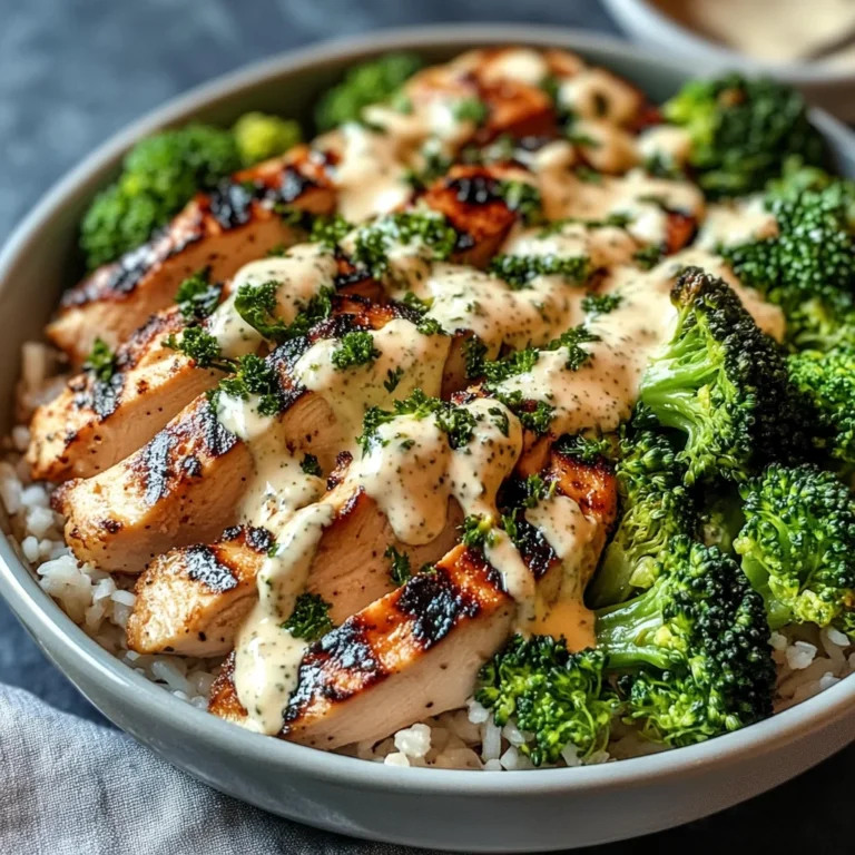 Grilled Chicken & Broccoli Bowls with Creamy Garlic Sauce