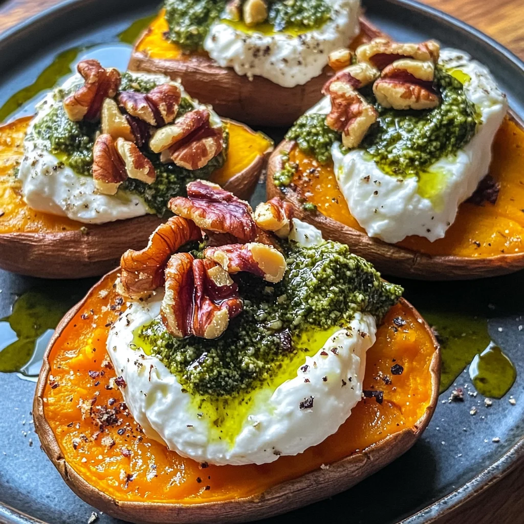 Stuffed Sweet Potatoes with Burrata, Toasted Walnuts & Sage Pesto