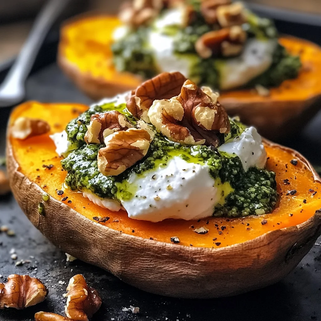 Stuffed Sweet Potatoes with Burrata, Toasted Walnuts & Sage Pesto