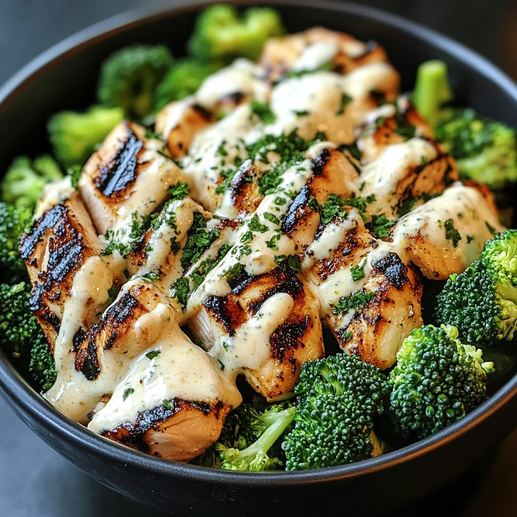 Grilled Chicken & Broccoli Bowls with Creamy Garlic Sauce