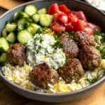 Gyro Bowls (Meatballs with Tzatziki, Lemon Rice, and Cucumber Salad)