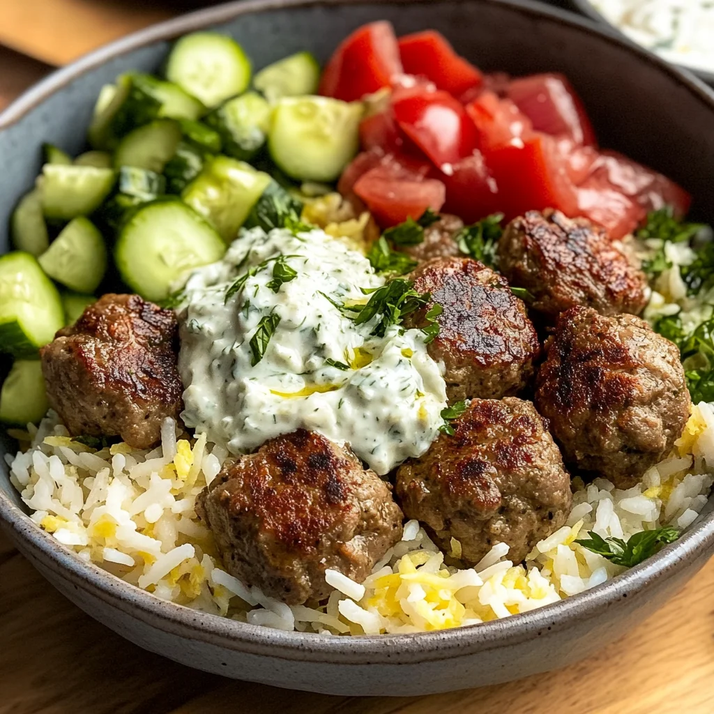 Gyro Bowls (Meatballs with Tzatziki, Lemon Rice, and Cucumber Salad)