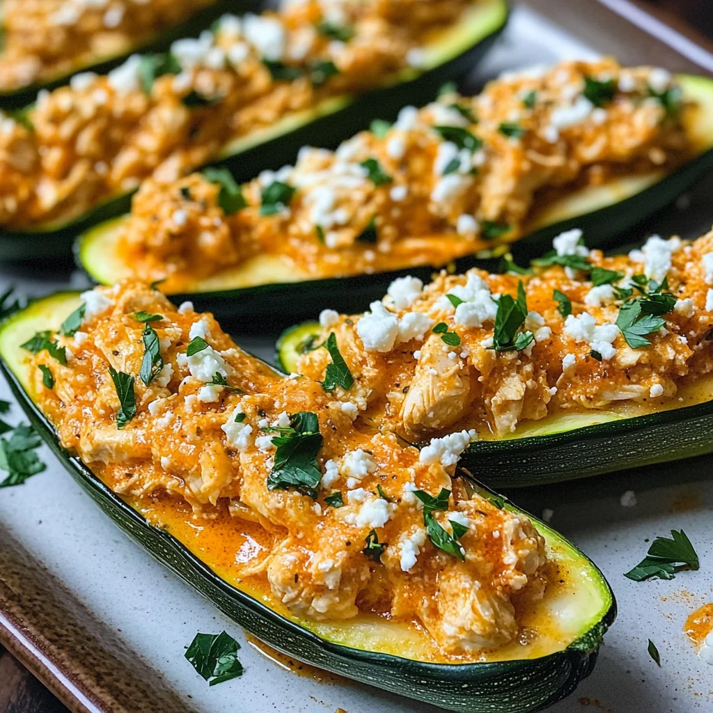 High Protein Buffalo Chicken Stuffed Zucchini Boats