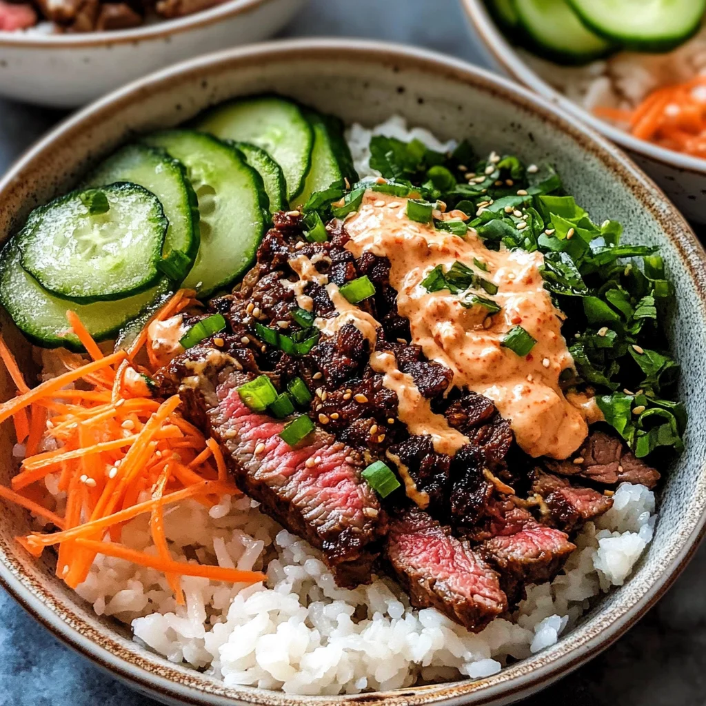 Korean BBQ Steak Rice Bowls with Spicy Cream Sauce