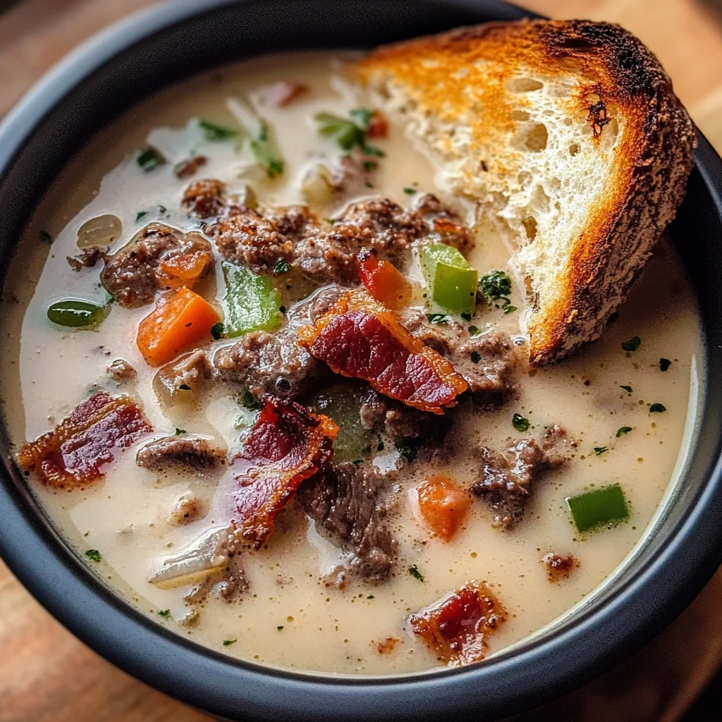 One-Pot Philly Cheesesteak Soup with Bacon and Cheesy Toast